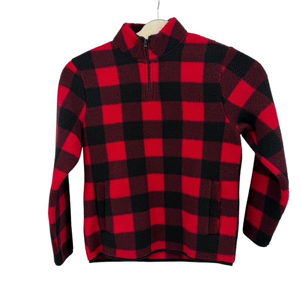 NWT Old Navy Fleece Quarter Zip Pullover Men Large Red Buffalo Plaid Soft Cozy